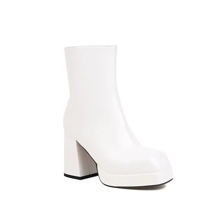 Women's Square Toe Side Zippers Block Heel Platform Short Boots