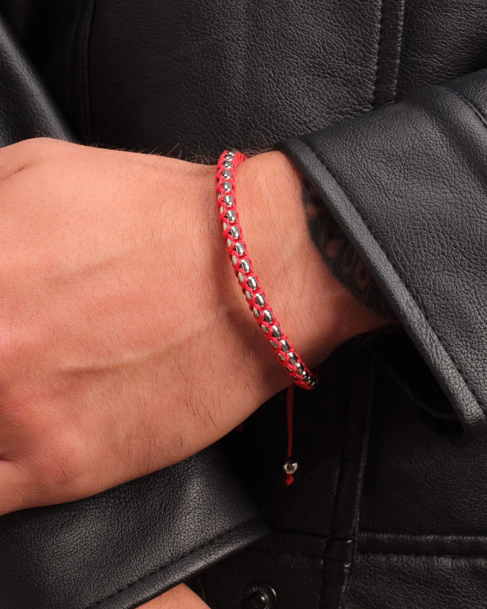 Woven Round Box Bracelet - Silver/Red