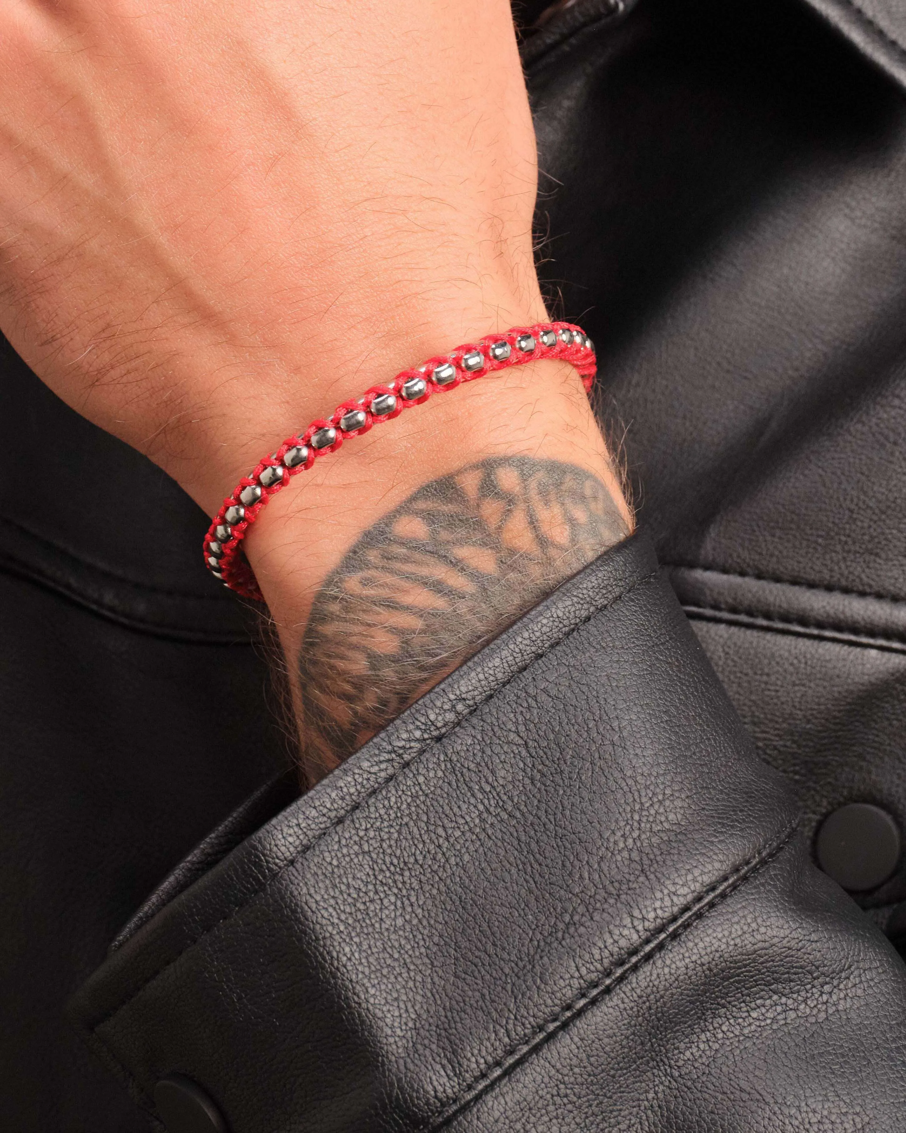 Woven Round Box Bracelet - Silver/Red