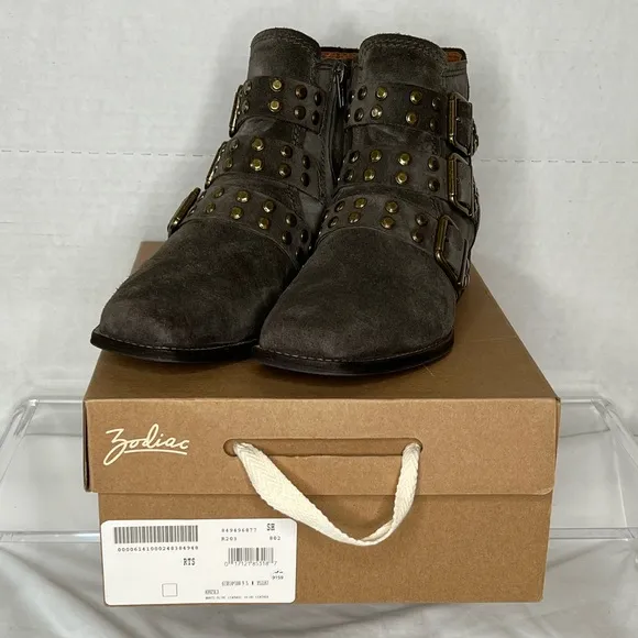 Zodiac Olive Suede Adele Booties, Multi Strap w/ Side Zip, Women’s 9.5
